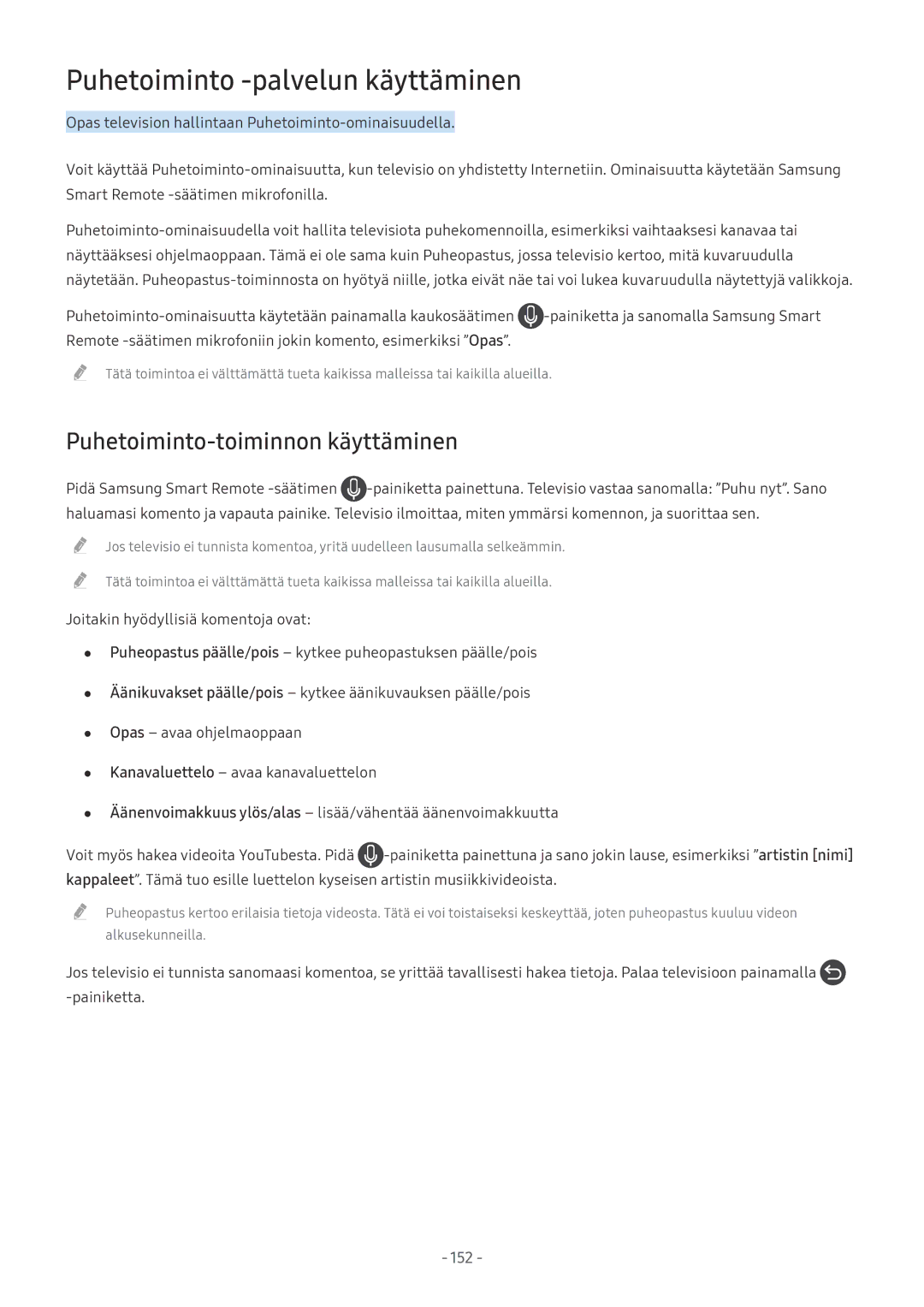 Samsung UE50MU6125KXXC, UE40MU6455UXXC manual Puhetoiminto -palvelun käyttäminen, Puhetoiminto-toiminnon käyttäminen 