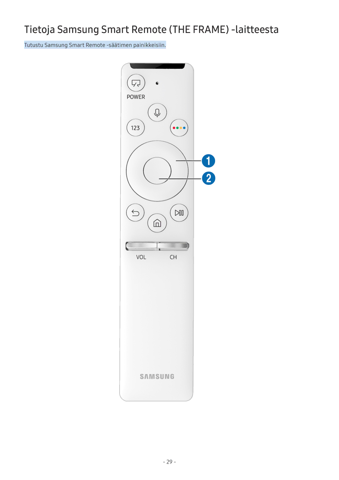 Samsung UE49MU9005TXXC, UE40MU6455UXXC, QE75Q7FAMTXXC, QE65Q8CAMTXXC manual Tietoja Samsung Smart Remote the Frame -laitteesta 