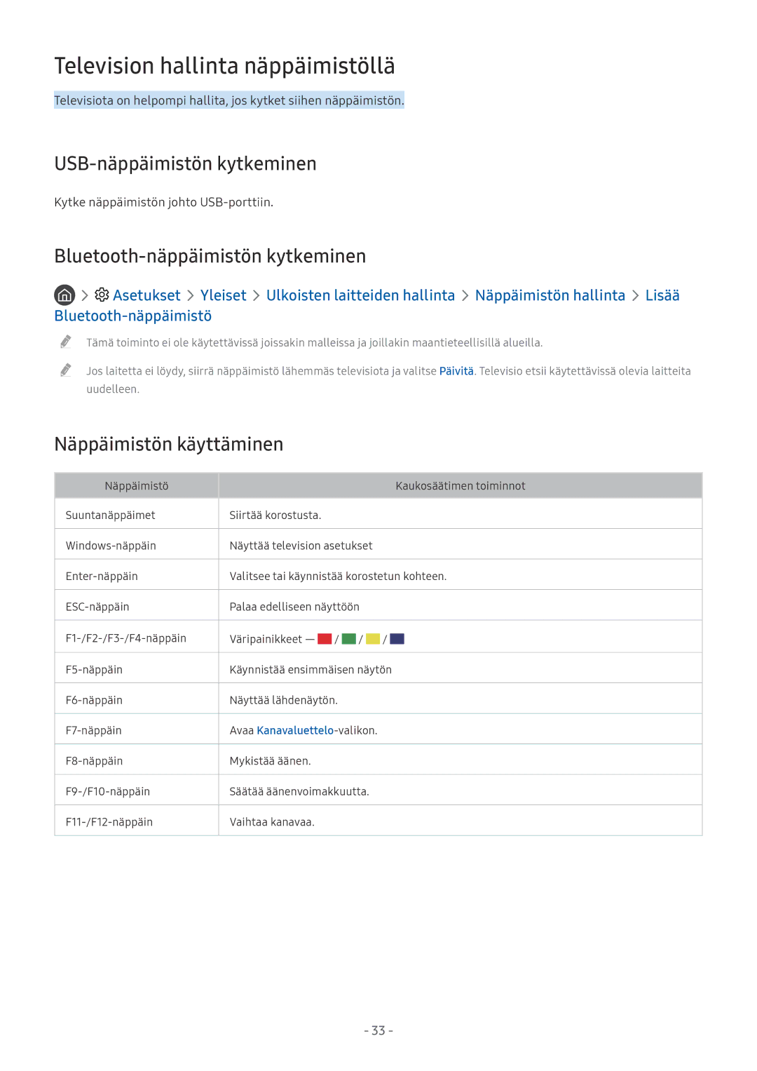 Samsung QE88Q9FAMTXXC Television hallinta näppäimistöllä, USB-näppäimistön kytkeminen, Bluetooth-näppäimistön kytkeminen 