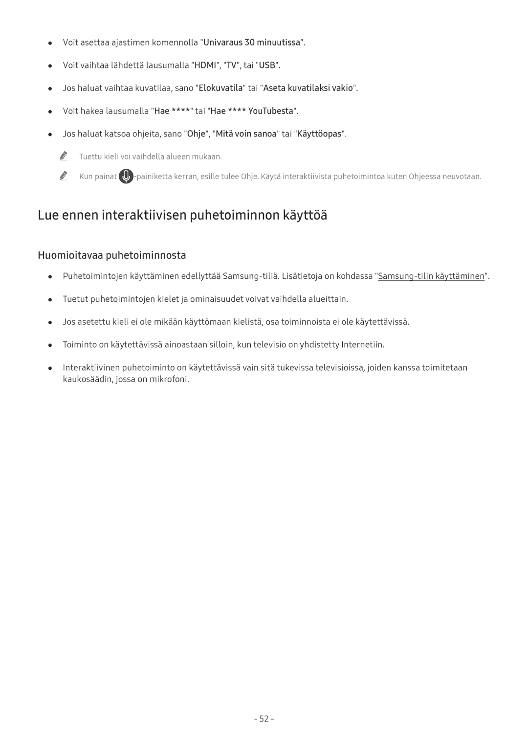 Samsung UE49MU7055TXXC, UE40MU6455UXXC, QE75Q7FAMTXXC, QE65Q8CAMTXXC manual Lue ennen interaktiivisen puhetoiminnon käyttöä 