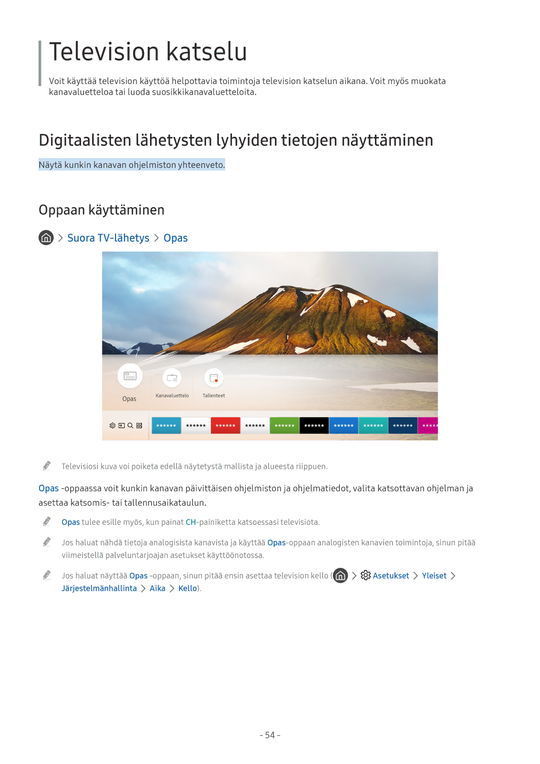 Samsung QE65Q7FAMTXXC Digitaalisten lähetysten lyhyiden tietojen näyttäminen, Oppaan käyttäminen, Suora TV-lähetys Opas 