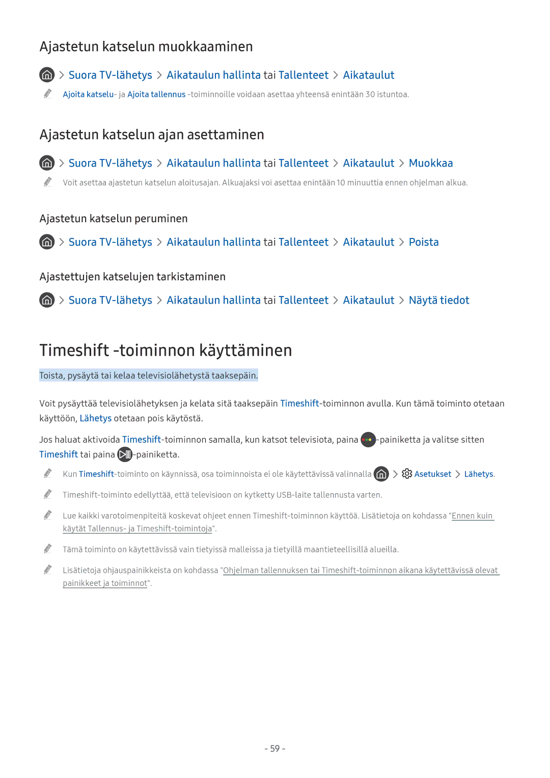 Samsung UE58MU6125KXXC Timeshift -toiminnon käyttäminen, Ajastetun katselun muokkaaminen, Ajastetun katselun peruminen 