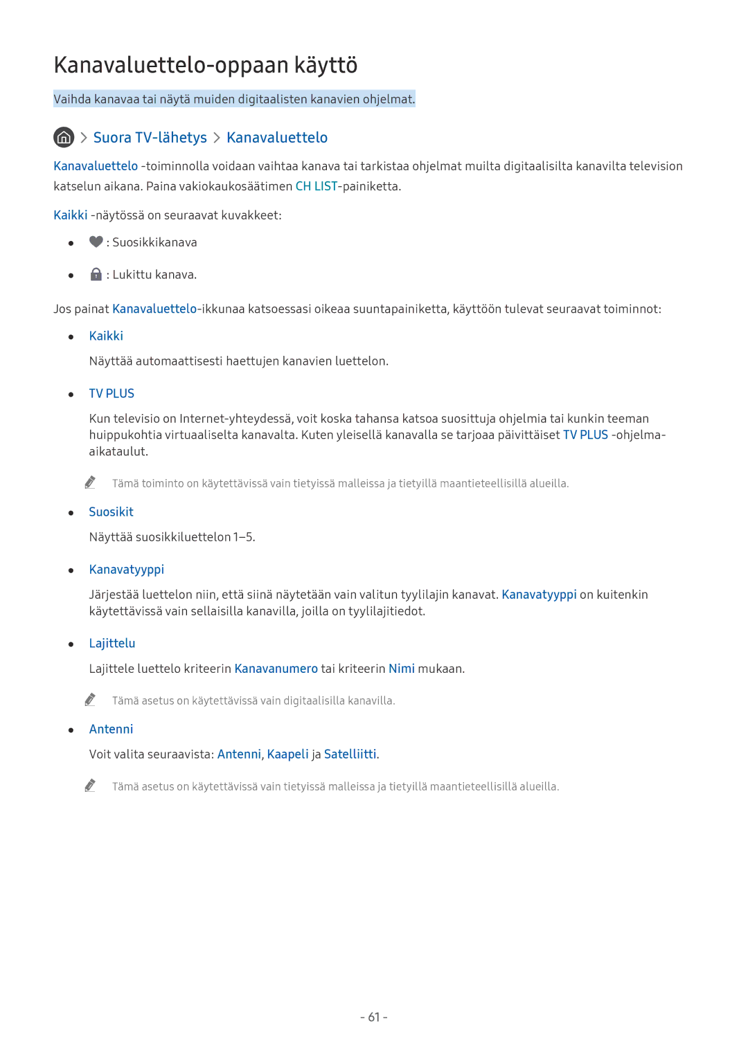 Samsung UE65MU6445UXXC, UE40MU6455UXXC, QE75Q7FAMTXXC manual Kanavaluettelo-oppaan käyttö, Suora TV-lähetys Kanavaluettelo 