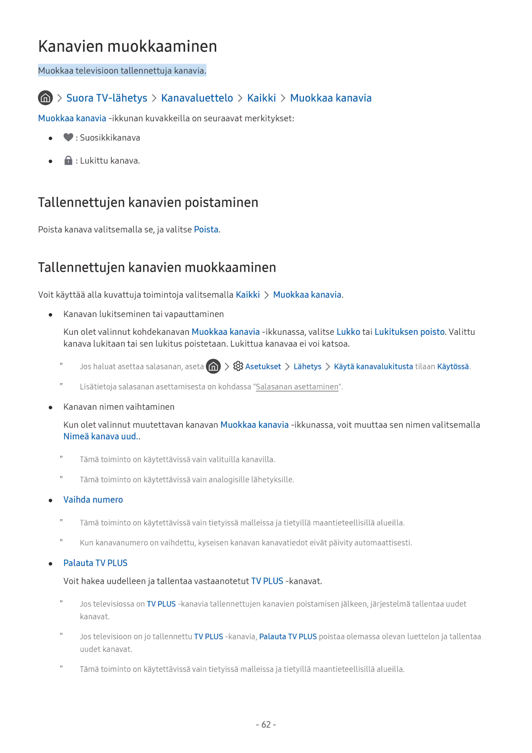 Samsung QE65Q8FAMTXXC Kanavien muokkaaminen, Tallennettujen kanavien poistaminen, Tallennettujen kanavien muokkaaminen 