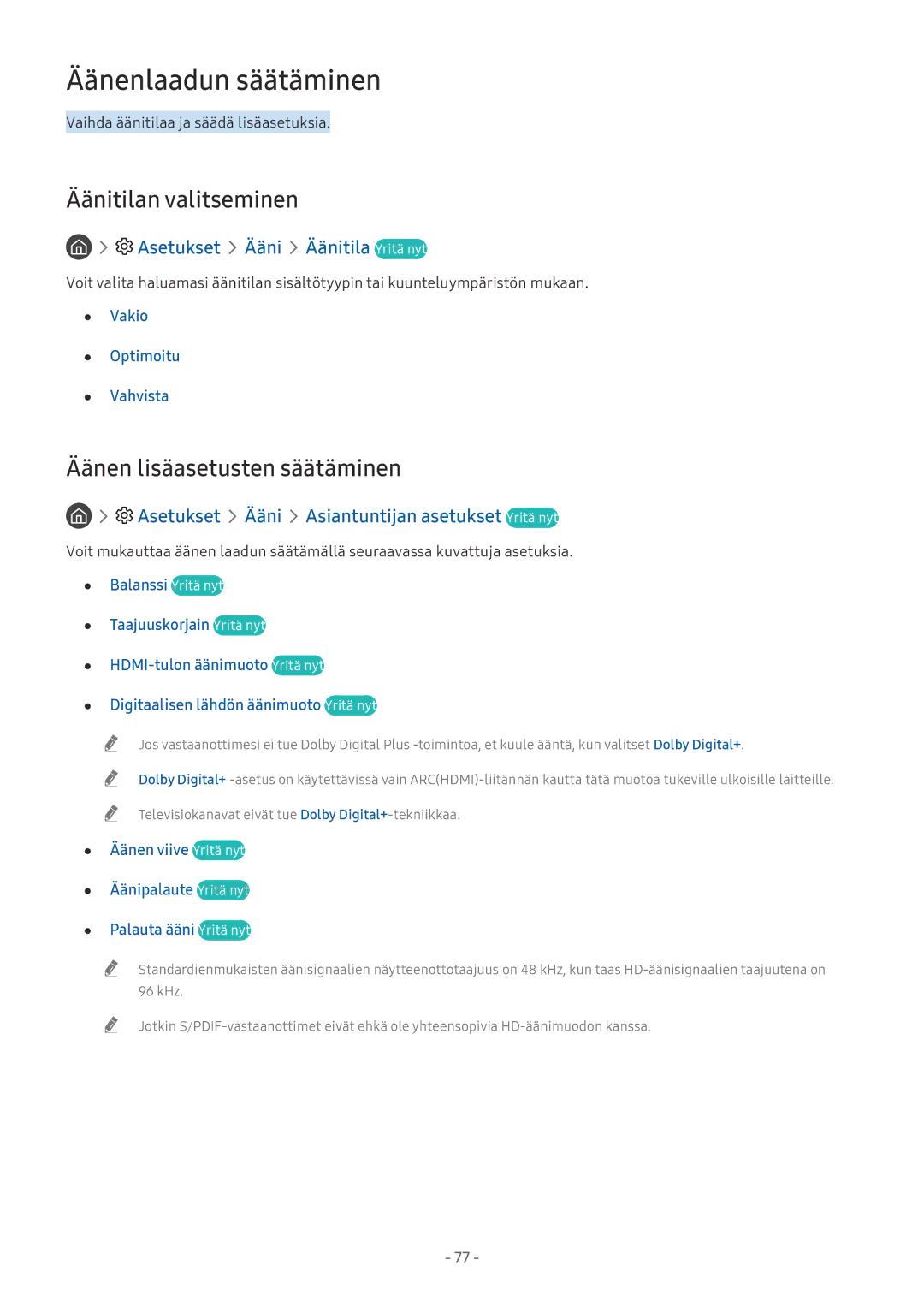 Samsung UE65MU6455UXXC, UE40MU6455UXXC manual Äänenlaadun säätäminen, Äänitilan valitseminen, Äänen lisäasetusten säätäminen 