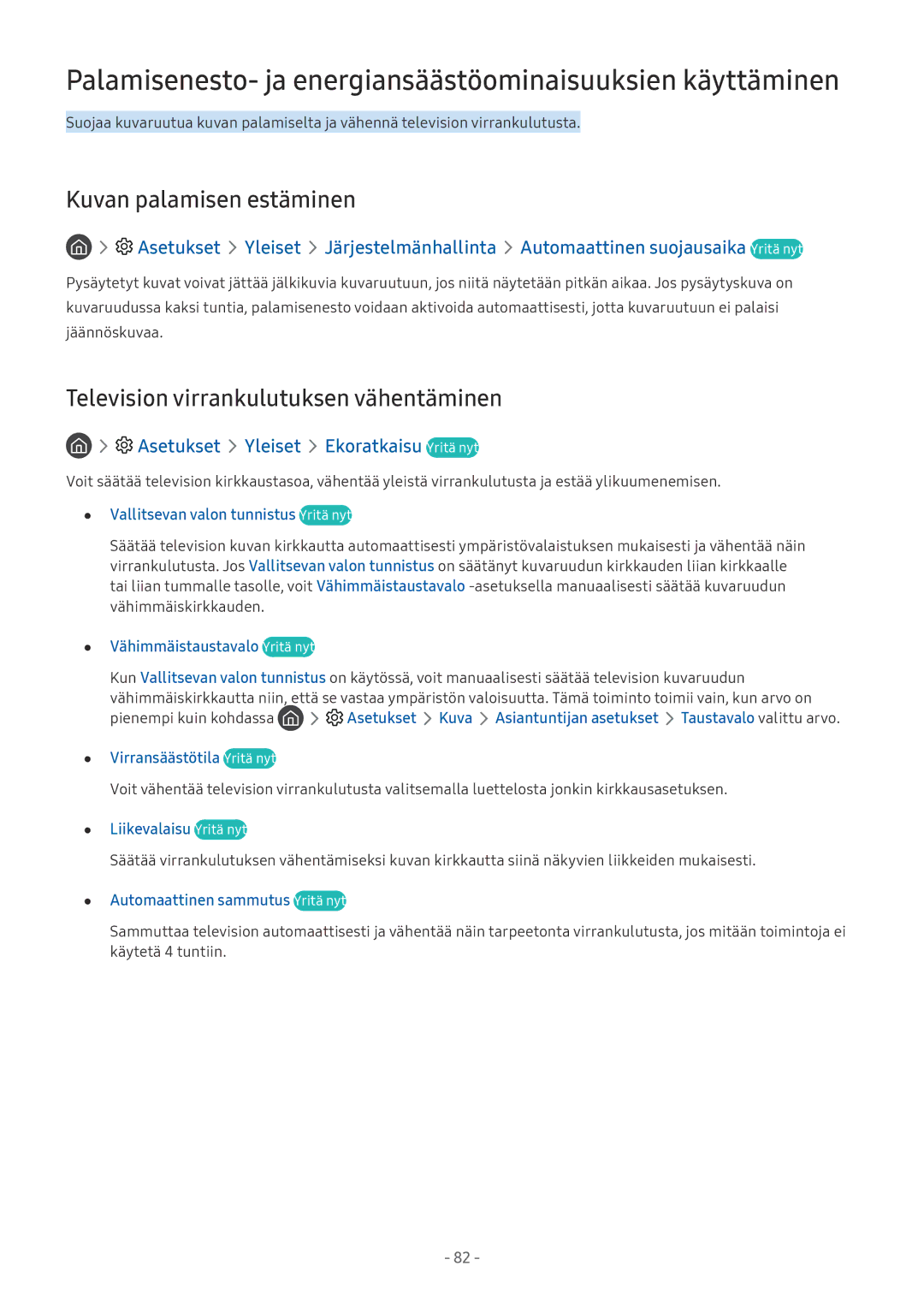 Samsung UE65MU6275UXXC manual Palamisenesto- ja energiansäästöominaisuuksien käyttäminen, Kuvan palamisen estäminen 