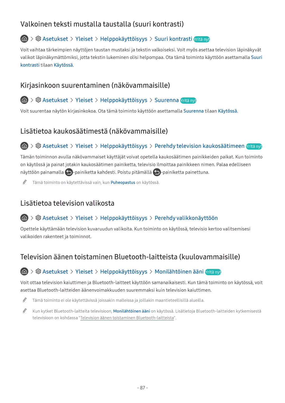 Samsung UE49MU6275UXXC Valkoinen teksti mustalla taustalla suuri kontrasti, Kirjasinkoon suurentaminen näkövammaisille 