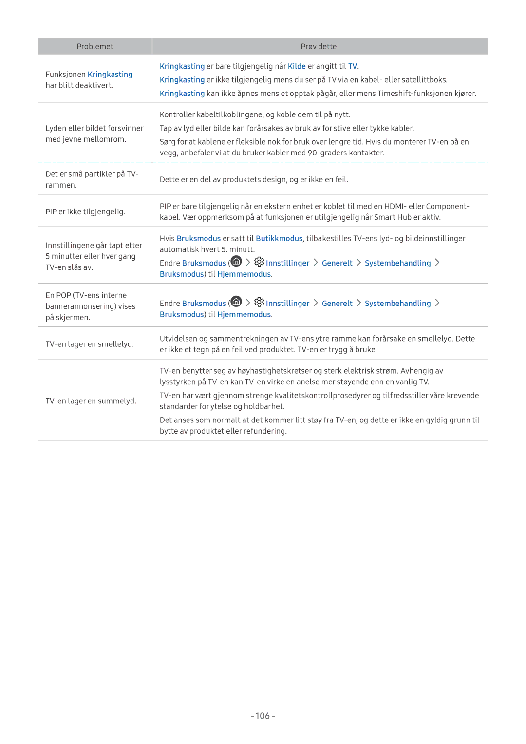 Samsung UE55MU6655UXXC, UE40MU6455UXXC Funksjonen Kringkasting, Endre Bruksmodus Innstillinger Generelt Systembehandling 