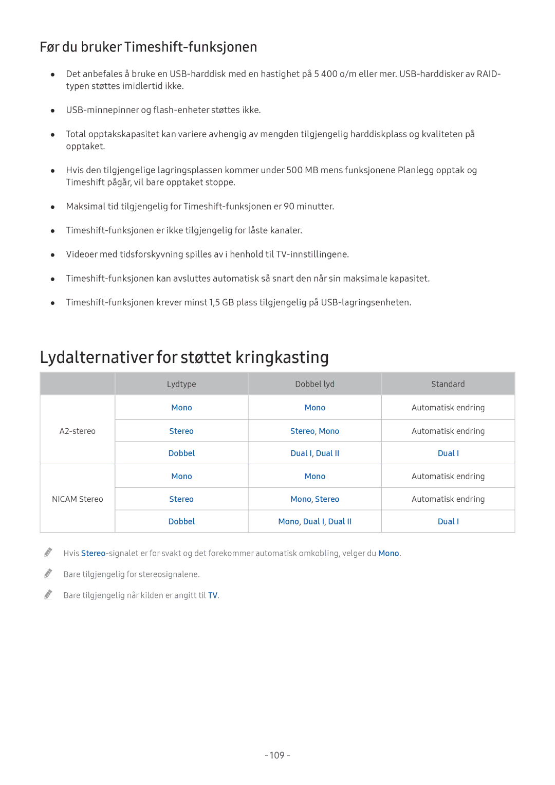 Samsung UE40MU6175UXXC, UE40MU6455UXXC manual Lydalternativer for støttet kringkasting, Før du bruker Timeshift-funksjonen 