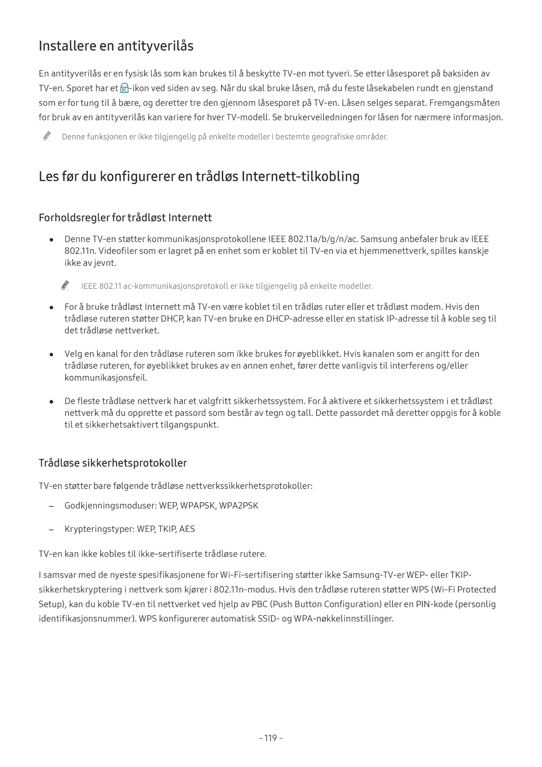 Samsung UE55MU7045TXXC, QE75Q7FAMTXXC Installere en antityverilås, Les før du konfigurerer en trådløs Internett-tilkobling 