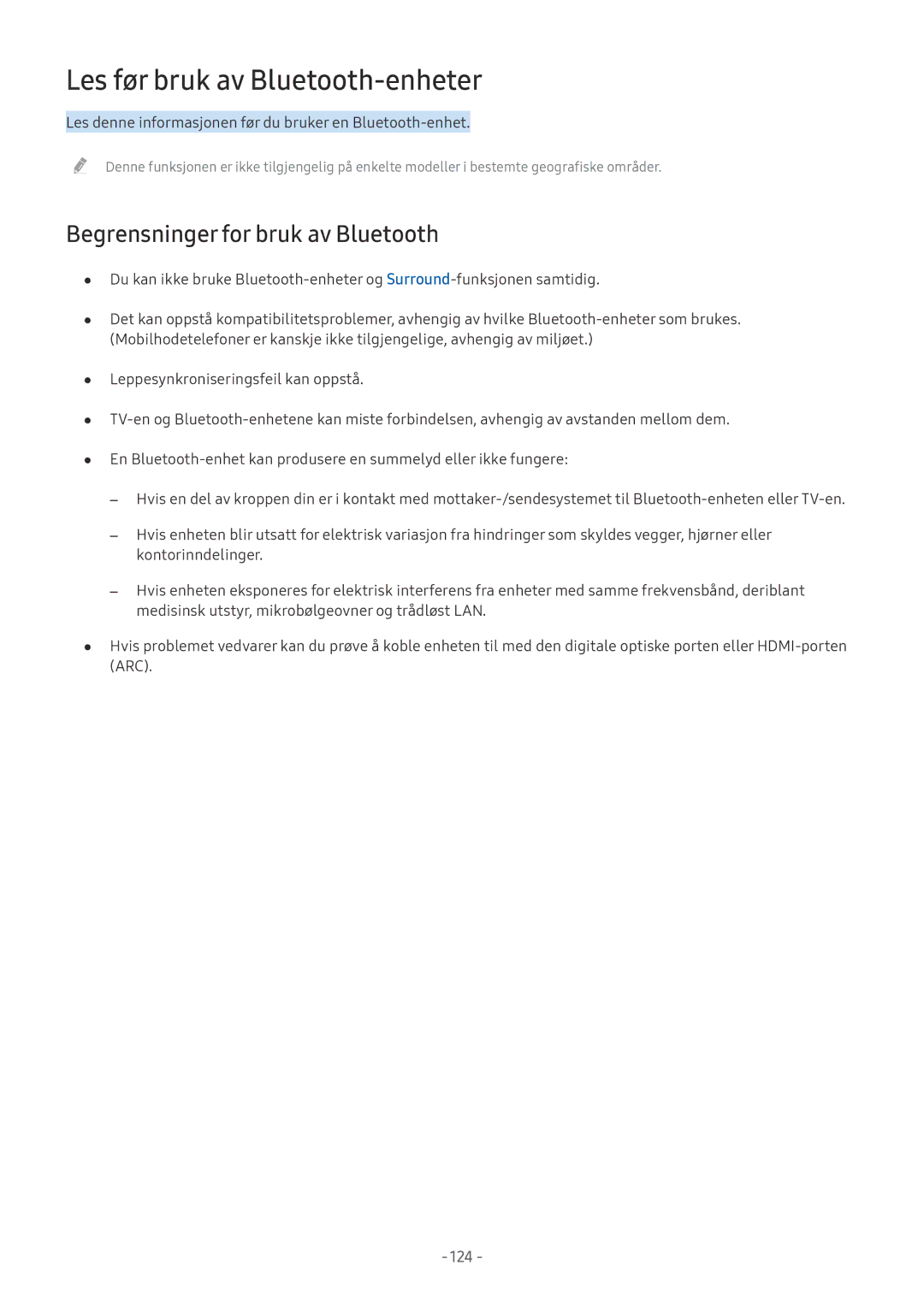 Samsung UE49MU9005TXXC, UE40MU6455UXXC manual Les før bruk av Bluetooth-enheter, Begrensninger for bruk av Bluetooth 