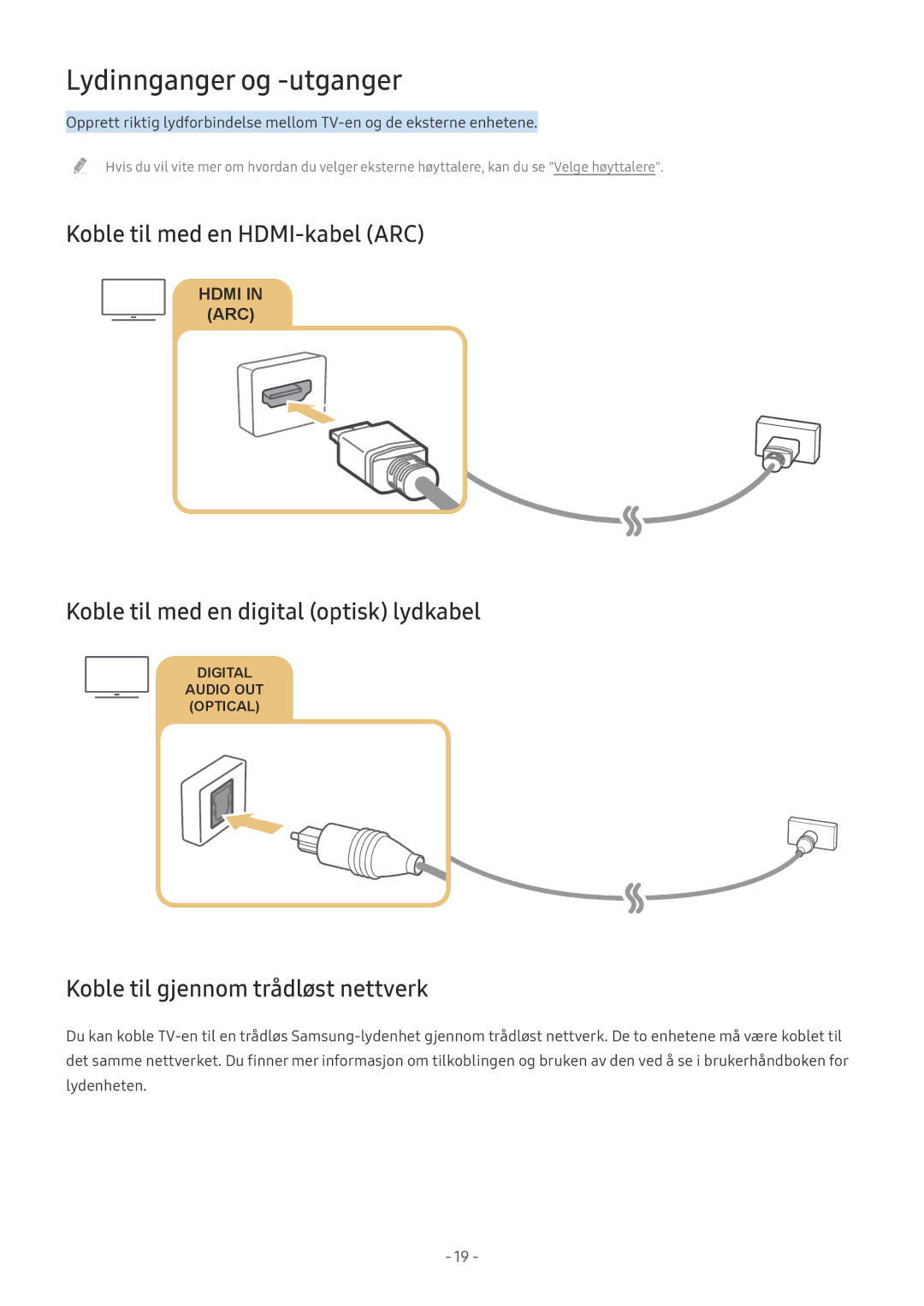 Samsung UE49MU6125KXXC Lydinnganger og -utganger, Koble til med en HDMI-kabel ARC, Koble til gjennom trådløst nettverk 