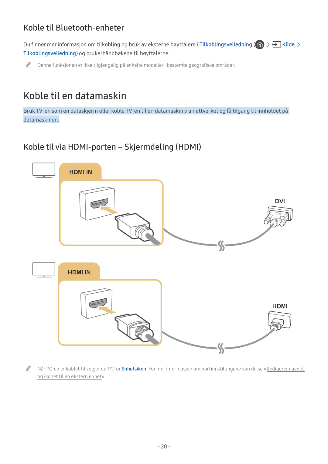 Samsung UE49MU6175UXXC Koble til en datamaskin, Koble til Bluetooth-enheter, Koble til via HDMI-porten Skjermdeling Hdmi 