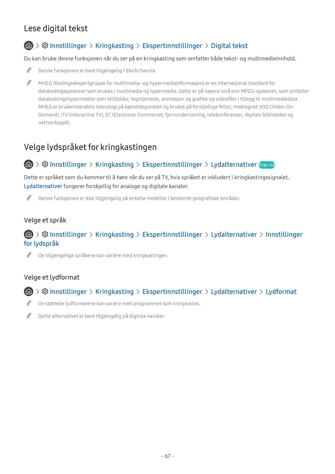 Samsung UE40MU6445UXXC manual Lese digital tekst, Velge lydspråket for kringkastingen, Velge et språk, Velge et lydformat 