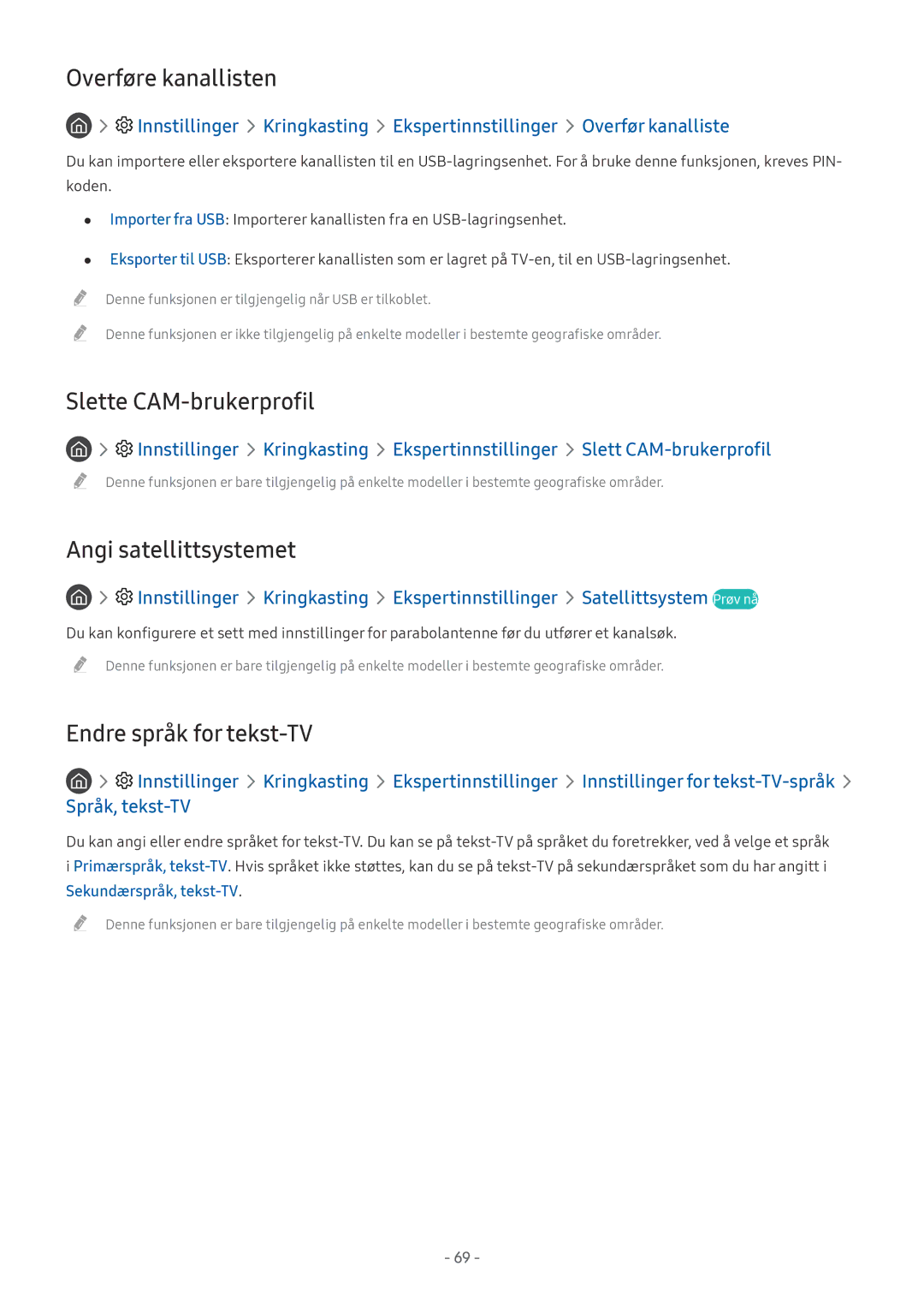 Samsung UE49MU8005TXXC Overføre kanallisten, Slette CAM-brukerprofil, Angi satellittsystemet, Endre språk for tekst-TV 