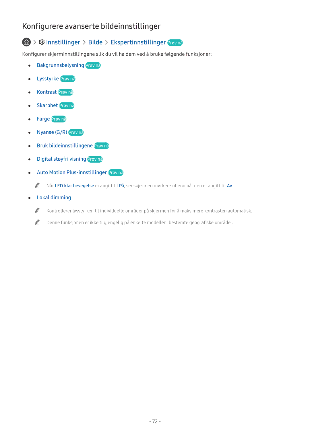 Samsung UE55MU6675UXXC manual Konfigurere avanserte bildeinnstillinger, Innstillinger Bilde Ekspertinnstillinger Prøv nå 