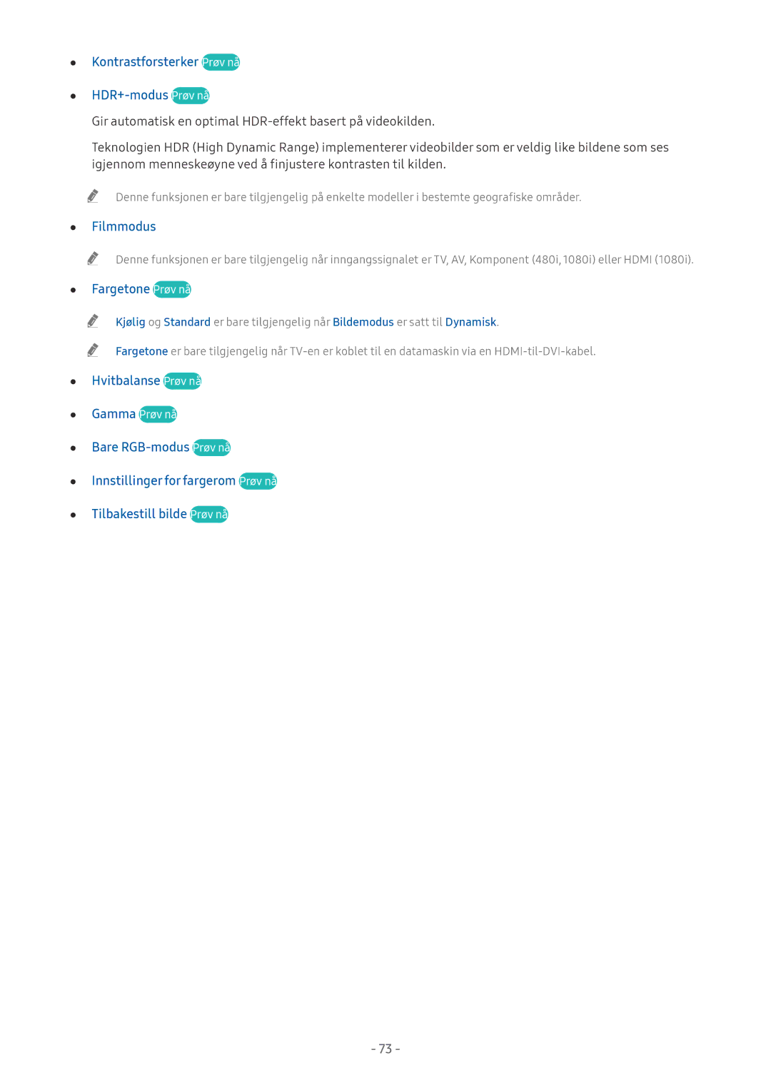 Samsung UE49MU6445UXXC, UE40MU6455UXXC manual Kontrastforsterker Prøv nå HDR+-modus Prøv nå, Filmmodus, Fargetone Prøv nå 