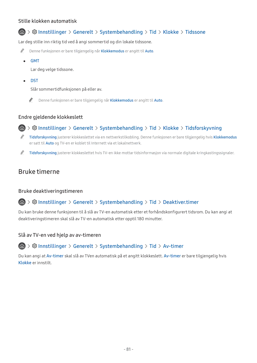 Samsung UE65MU6475UXXC, UE40MU6455UXXC manual Bruke timerne, Innstillinger Generelt Systembehandling Tid Klokke Tidssone 