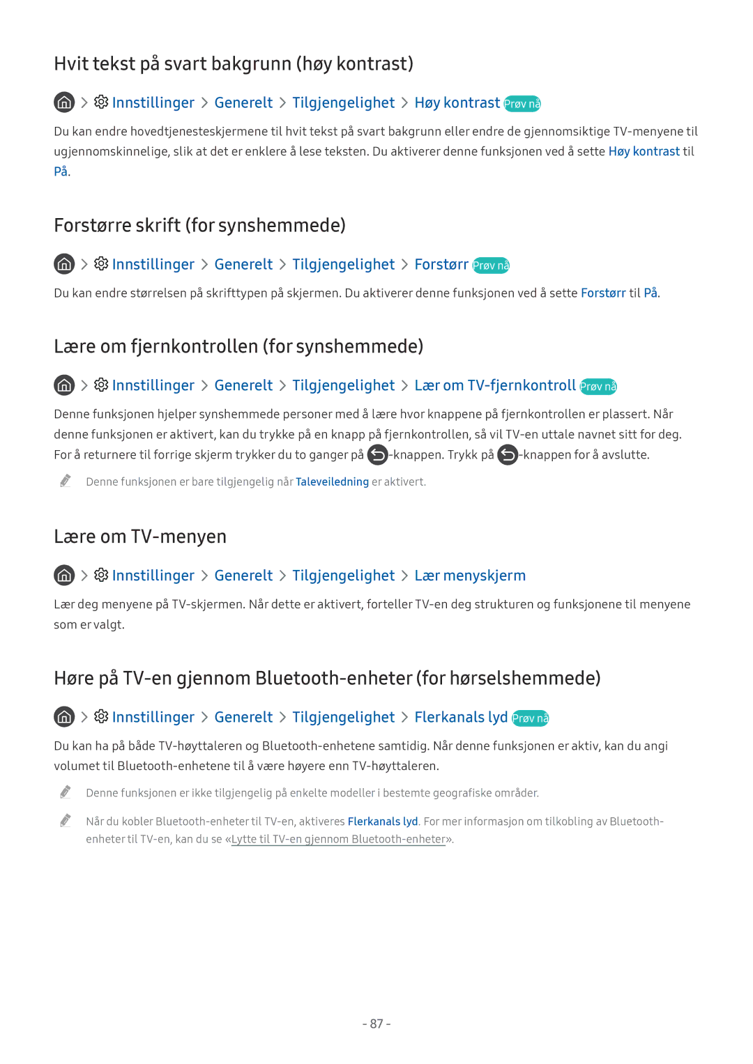 Samsung UE49MU6275UXXC Hvit tekst på svart bakgrunn høy kontrast, Forstørre skrift for synshemmede, Lære om TV-menyen 