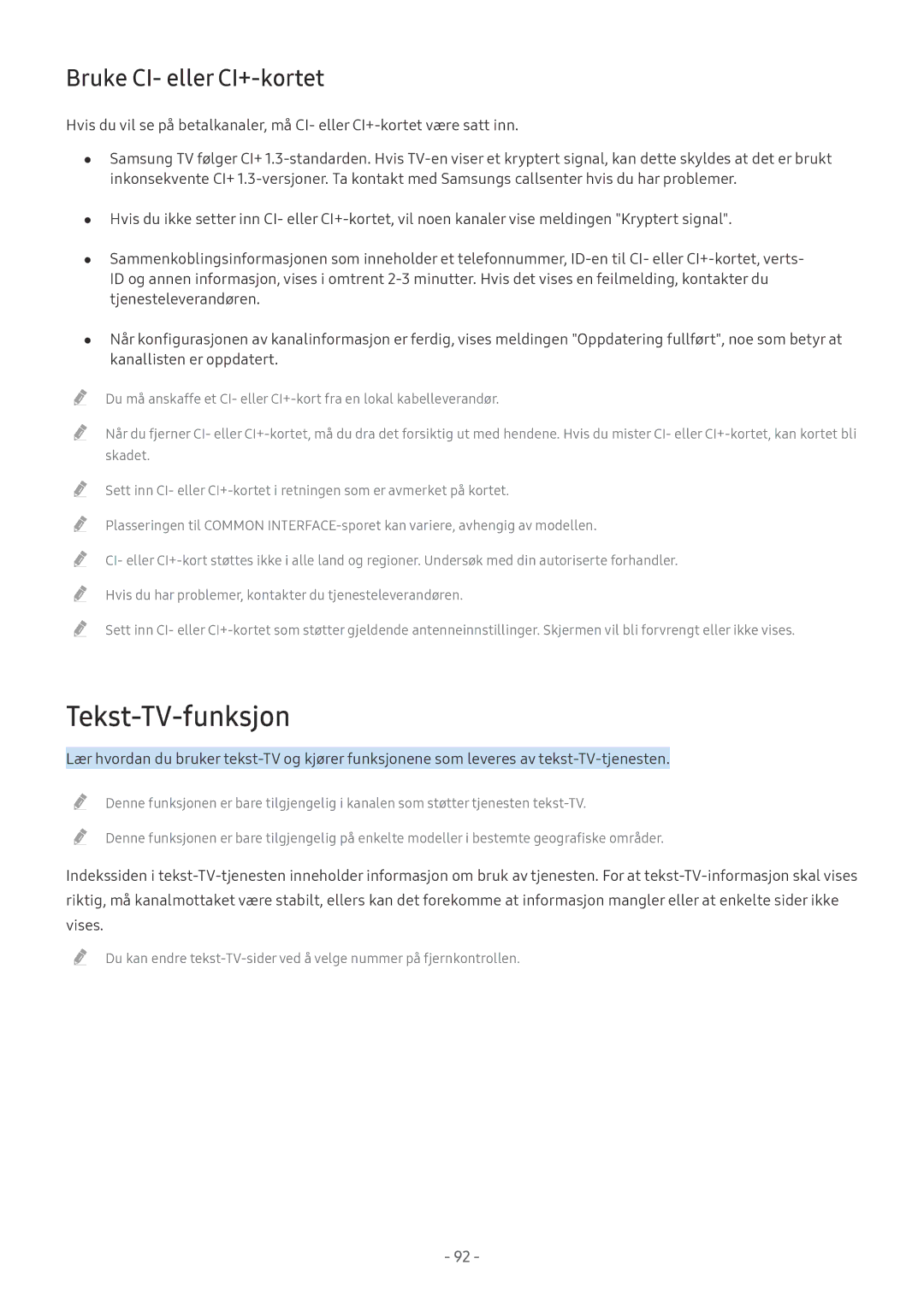 Samsung QE55Q8CAMTXXC, UE40MU6455UXXC, QE75Q7FAMTXXC, QE65Q8CAMTXXC manual Tekst-TV-funksjon, Bruke CI- eller CI+-kortet 