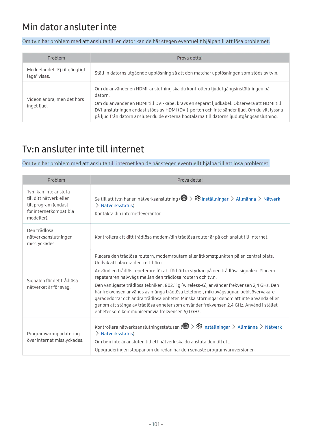 Samsung UE55MU6105KXXC, UE40MU6455UXXC, QE75Q7FAMTXXC manual Min dator ansluter inte, Tvn ansluter inte till internet 