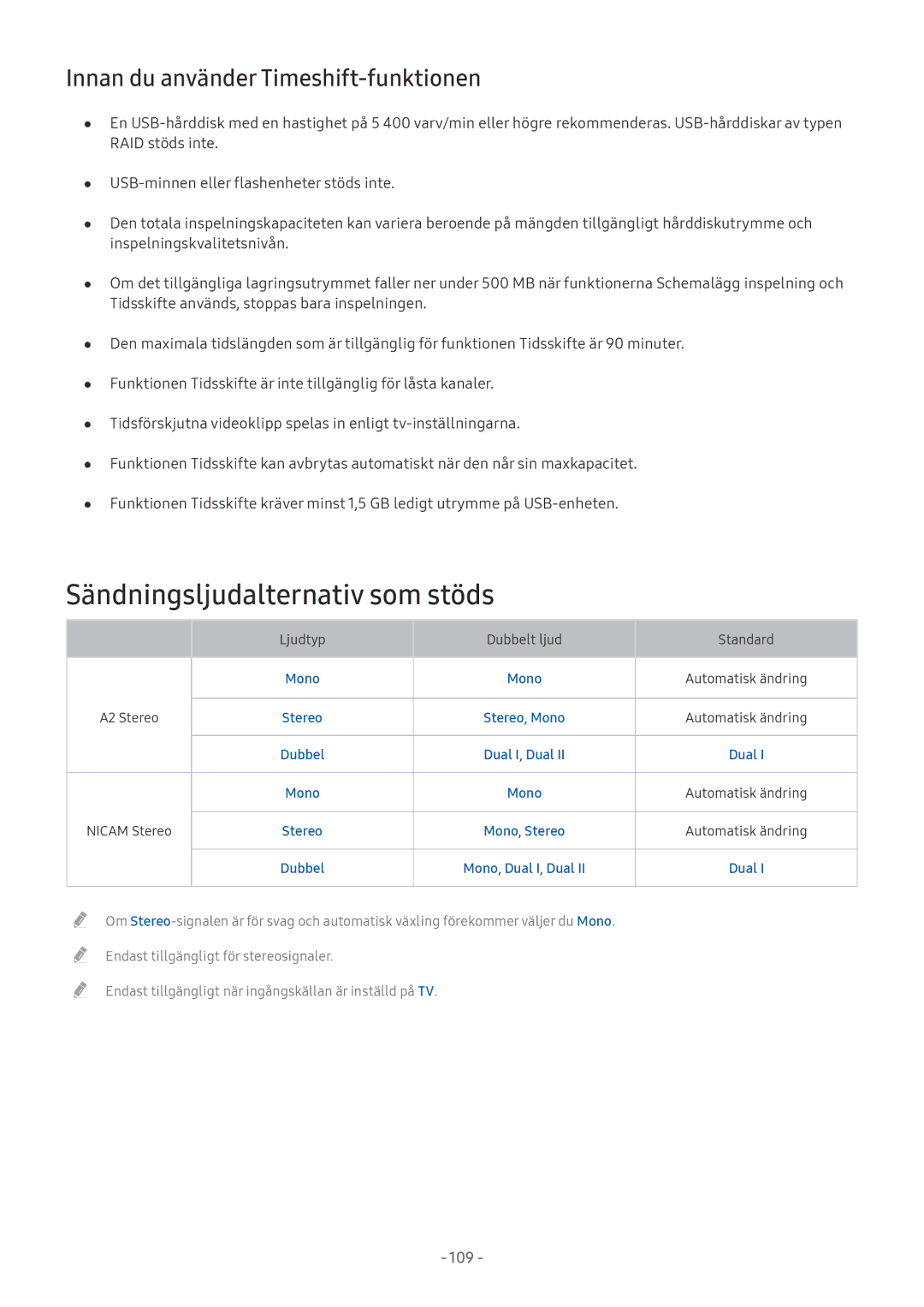 Samsung UE40MU6175UXXC, UE40MU6455UXXC manual Sändningsljudalternativ som stöds, Innan du använder Timeshift-funktionen 