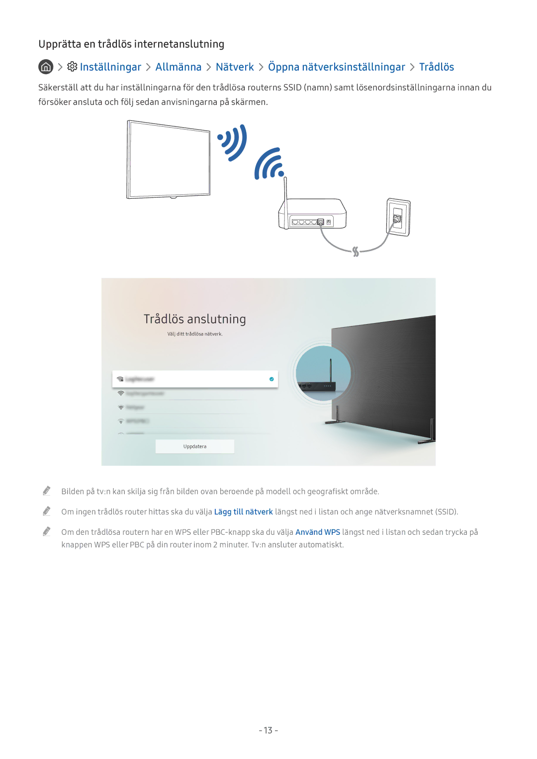 Samsung UE40MU6405UXXC, UE40MU6455UXXC, QE75Q7FAMTXXC manual Trådlös anslutning, Upprätta en trådlös internetanslutning 