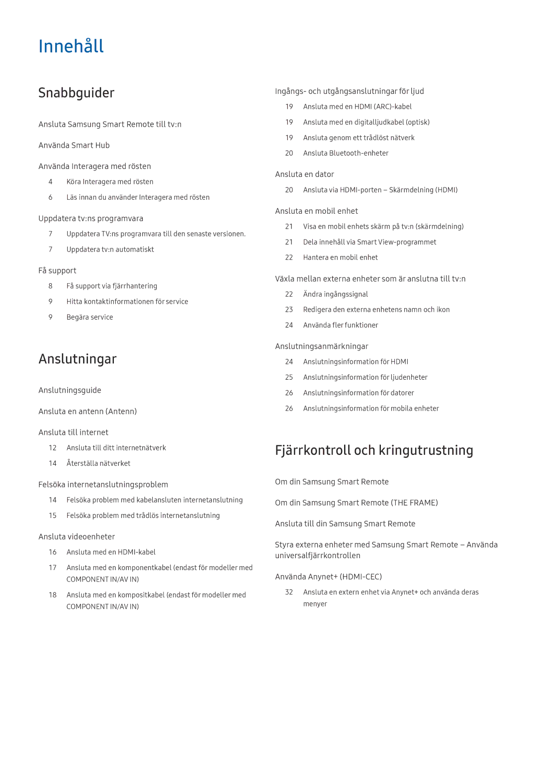 Samsung QE65Q8CAMTXXC, UE40MU6455UXXC, QE75Q7FAMTXXC manual Snabbguider, Anslutningar, Fjärrkontroll och kringutrustning 