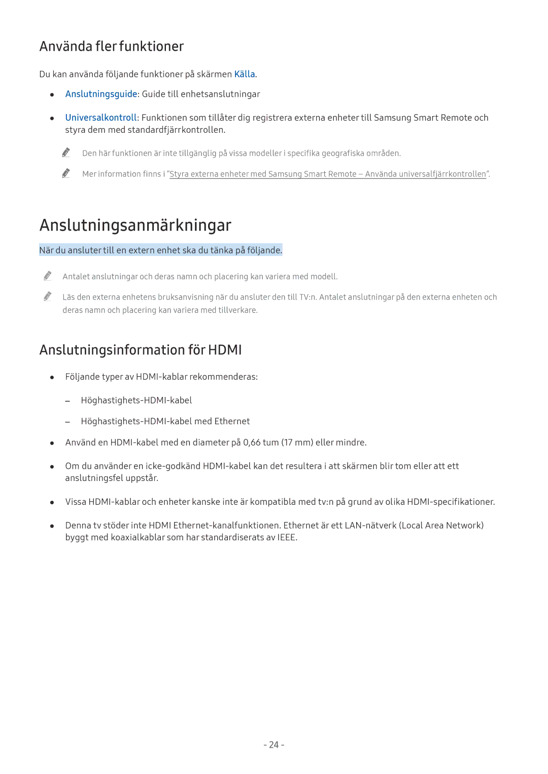 Samsung UE55MU7045TXXC, UE40MU6455UXXC Anslutningsanmärkningar, Använda fler funktioner, Anslutningsinformation för Hdmi 