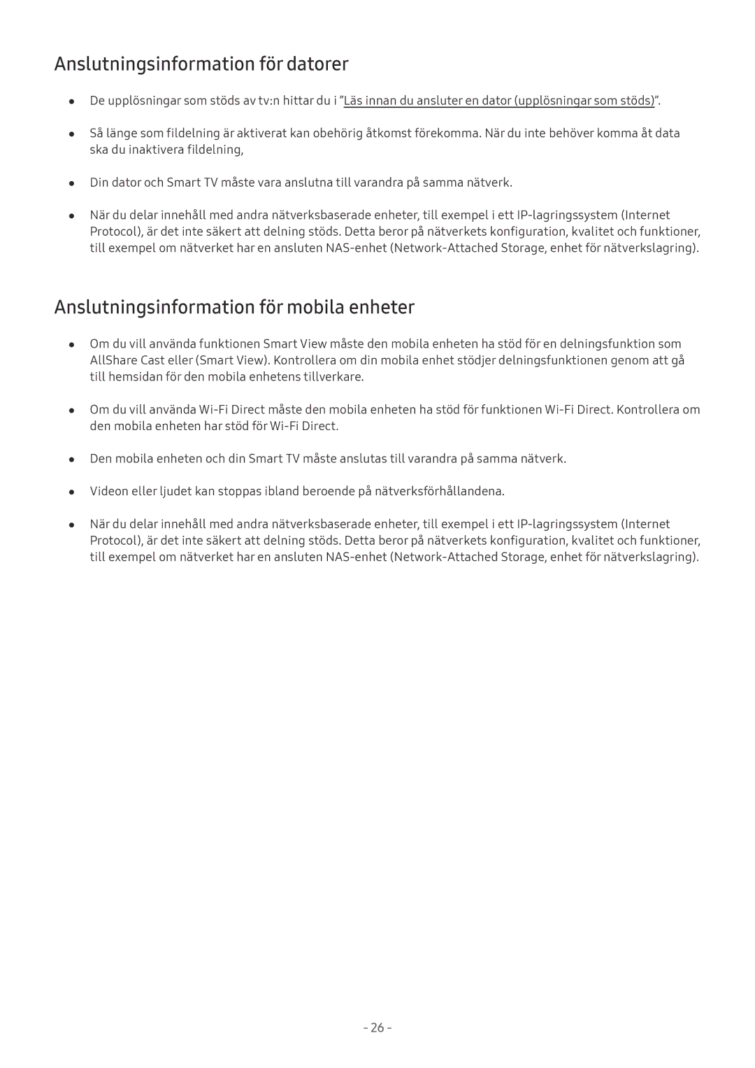 Samsung UE55MU6645UXXC, UE40MU6455UXXC manual Anslutningsinformation för datorer, Anslutningsinformation för mobila enheter 