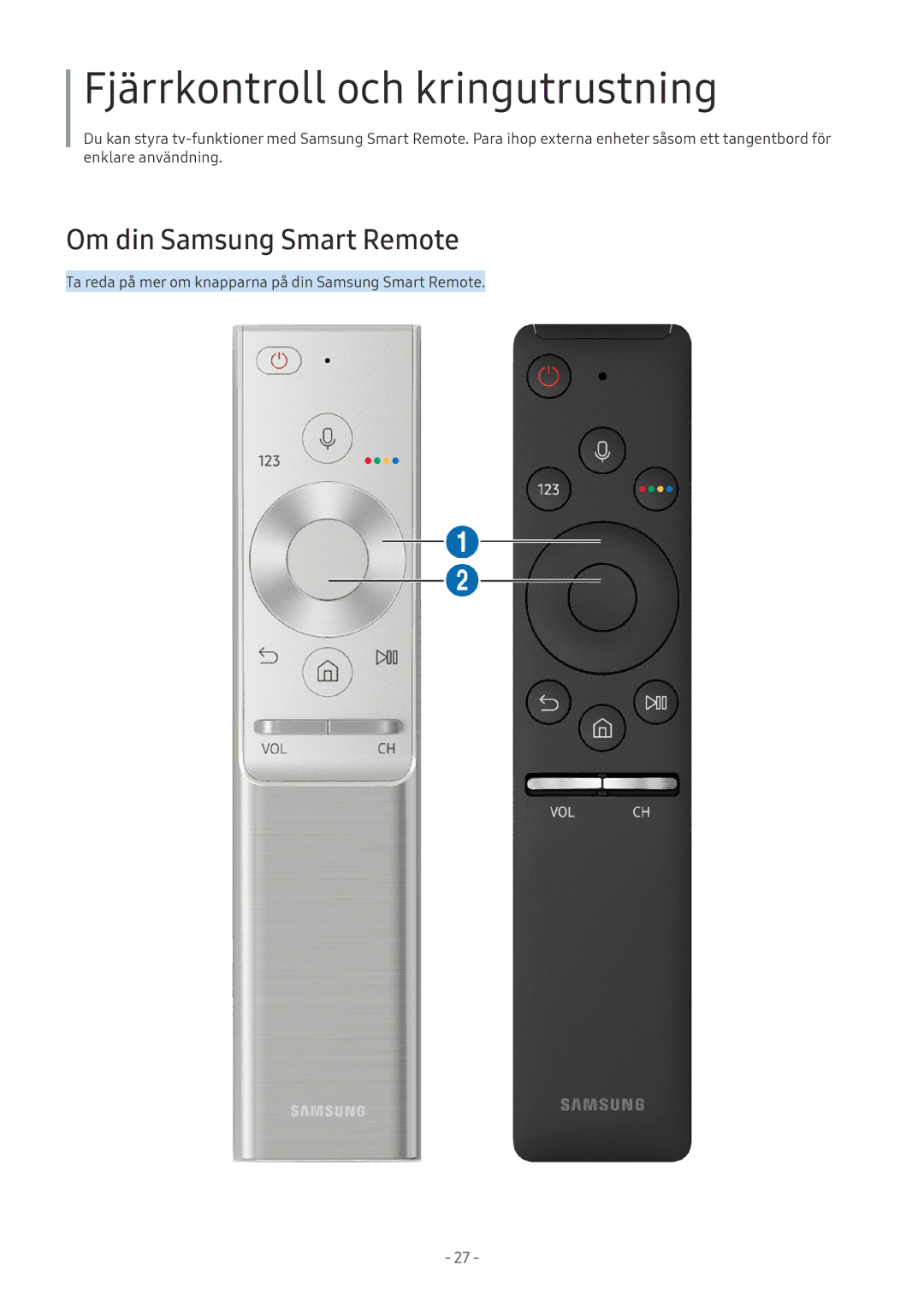 Samsung UE65MU6405UXXC, UE40MU6455UXXC, QE75Q7FAMTXXC manual Fjärrkontroll och kringutrustning, Om din Samsung Smart Remote 