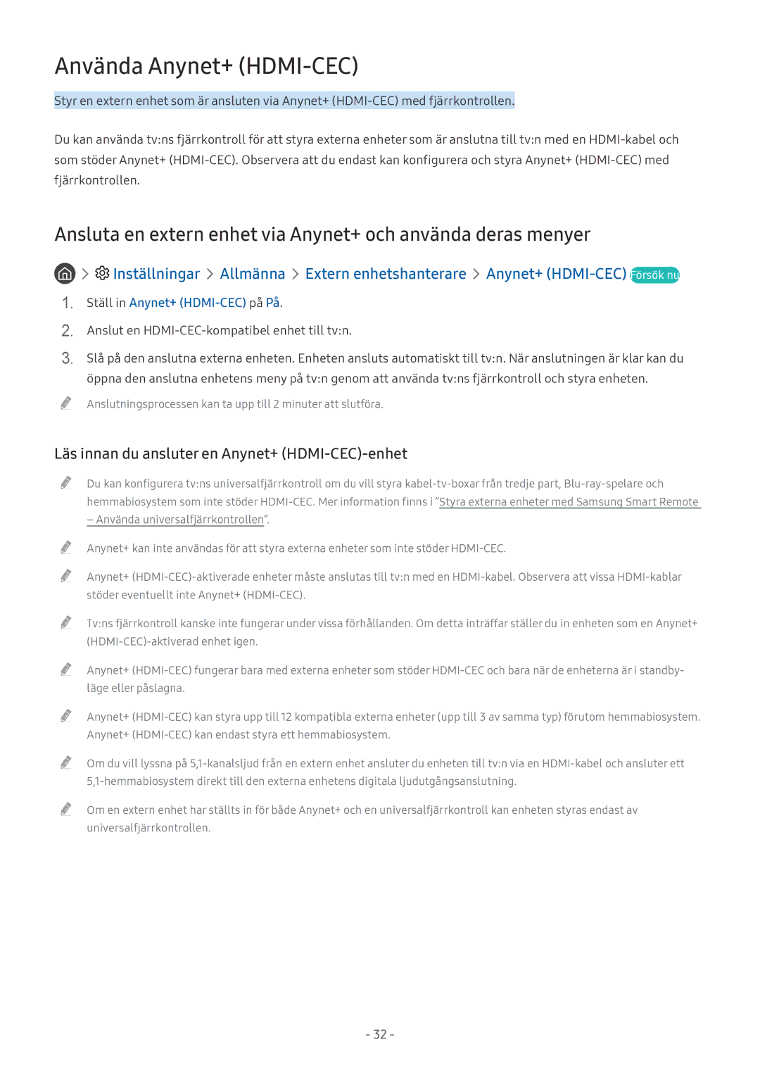 Samsung UE65MU7075TXXC, UE40MU6455UXXC manual Använda Anynet+ HDMI-CEC, Läs innan du ansluter en Anynet+ HDMI-CEC-enhet 