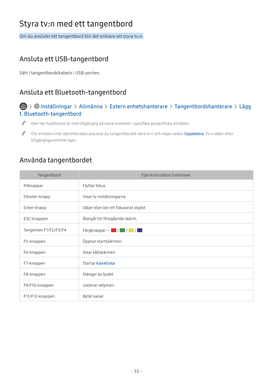 Samsung QE88Q9FAMTXXC manual Styra tvn med ett tangentbord, Ansluta ett USB-tangentbord, Ansluta ett Bluetooth-tangentbord 