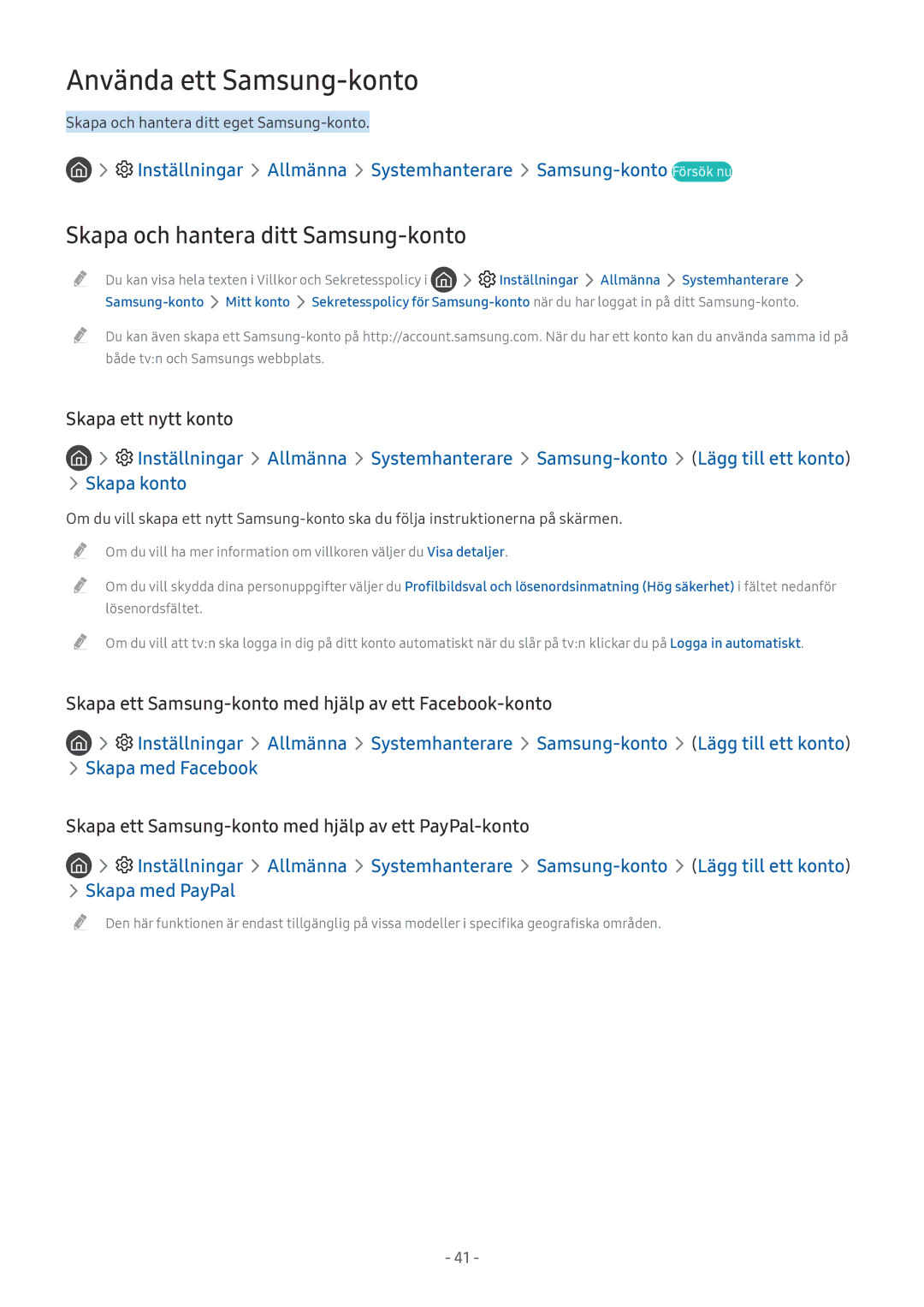 Samsung UE55MU7055TXXC, UE40MU6455UXXC, QE75Q7FAMTXXC manual Använda ett Samsung-konto, Skapa och hantera ditt Samsung-konto 