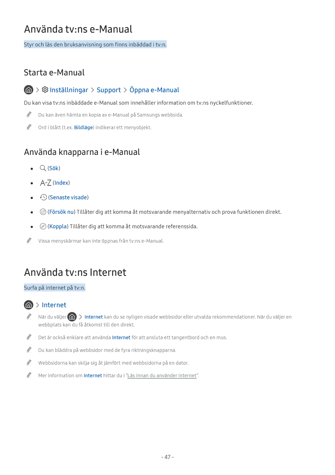 Samsung QE65Q7CAMTXXC manual Använda tvns e-Manual, Använda tvns Internet, Starta e-Manual, Använda knapparna i e-Manual 