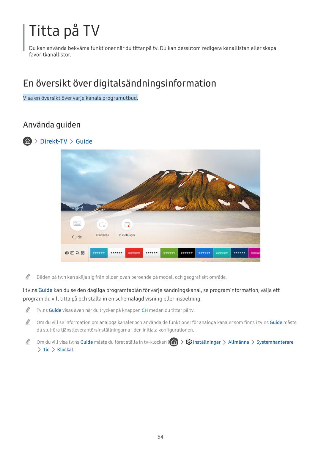 Samsung QE65Q7FAMTXXC, UE40MU6455UXXC manual En översikt över digitalsändningsinformation, Använda guiden, Direkt-TV Guide 