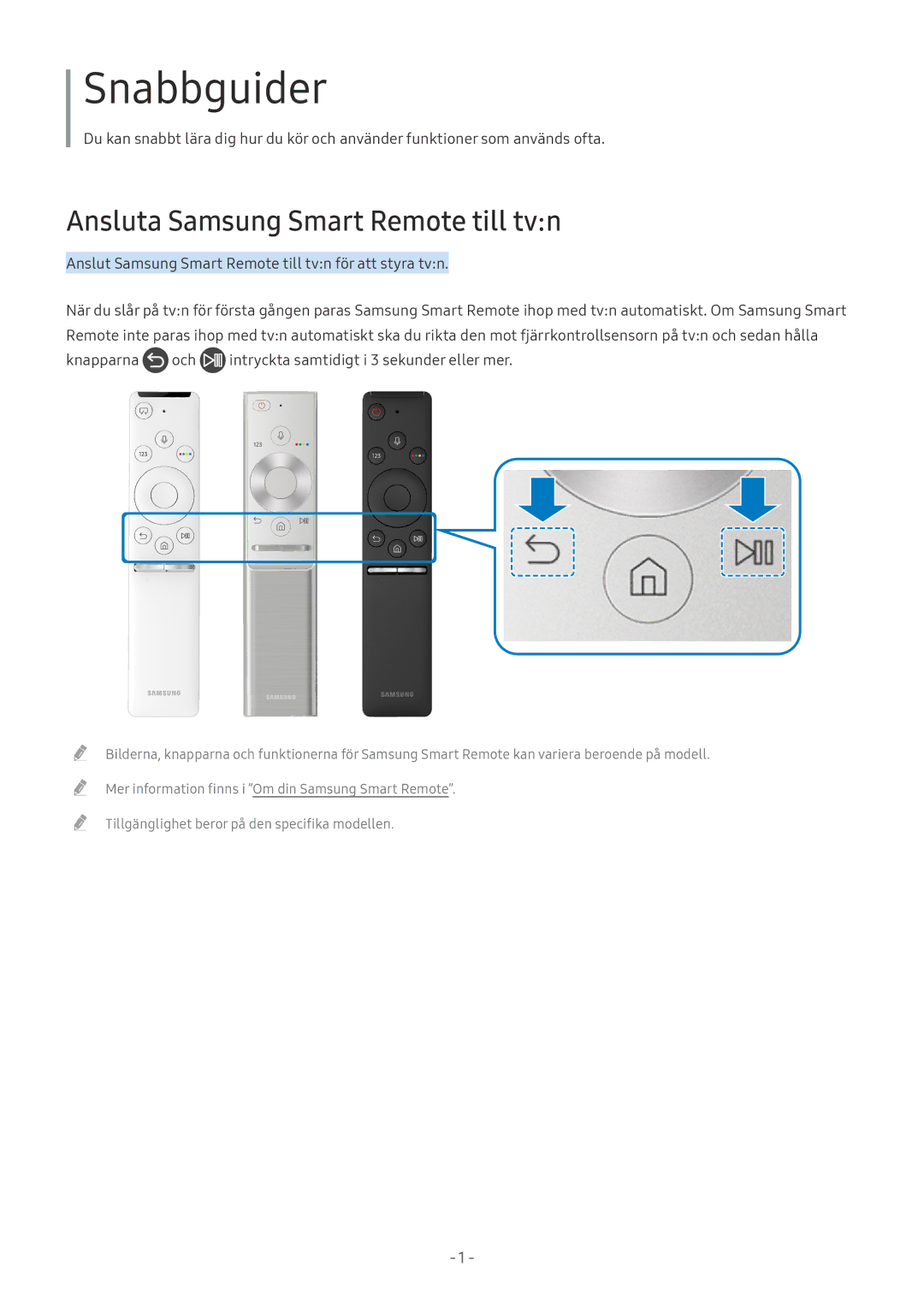 Samsung UE65MU7045TXXC, UE40MU6455UXXC, QE75Q7FAMTXXC, QE65Q8CAMTXXC manual Snabbguider, Ansluta Samsung Smart Remote till tvn 