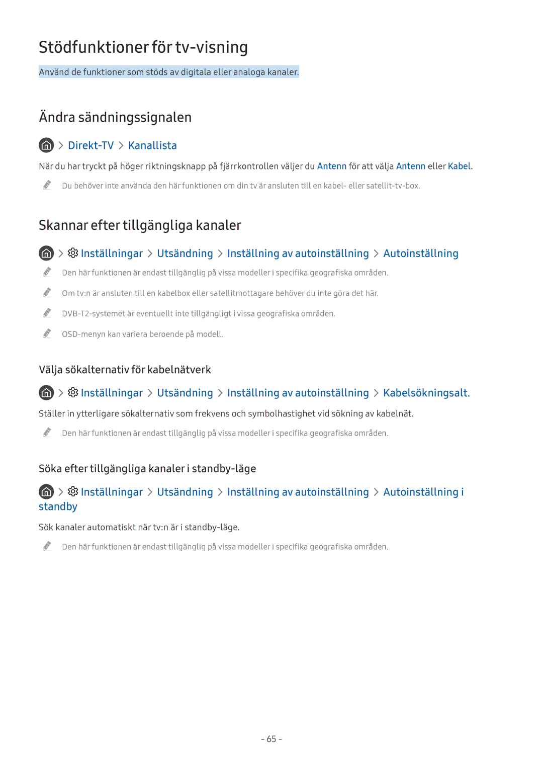 Samsung UE55MU6445UXXC manual Stödfunktioner för tv-visning, Ändra sändningssignalen, Skannar efter tillgängliga kanaler 