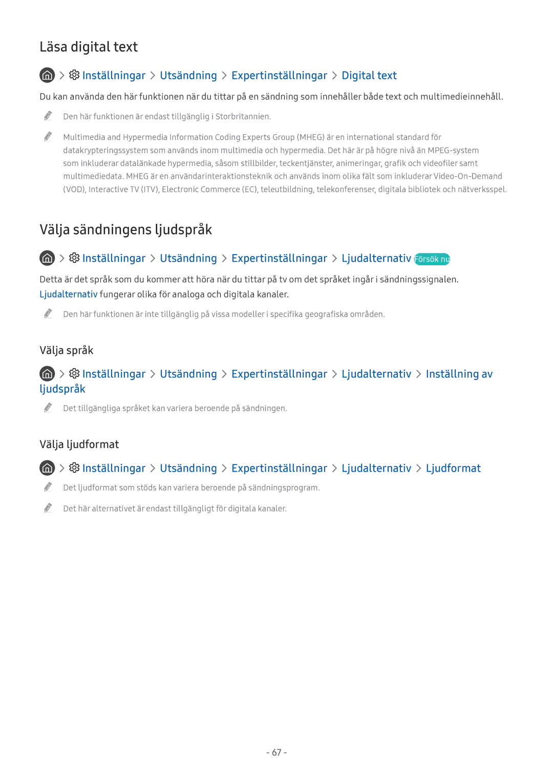 Samsung UE40MU6445UXXC, UE40MU6455UXXC manual Läsa digital text, Välja sändningens ljudspråk, Välja språk, Välja ljudformat 