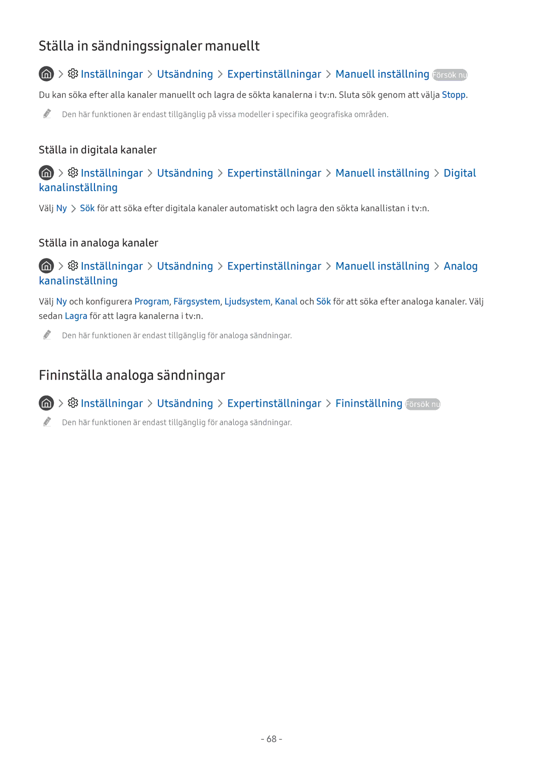 Samsung UE65MU6675UXXC Ställa in sändningssignaler manuellt, Fininställa analoga sändningar, Ställa in digitala kanaler 