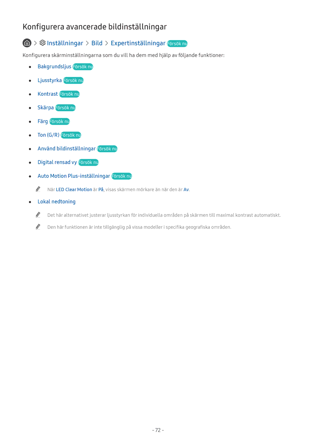 Samsung UE55MU6675UXXC manual Konfigurera avancerade bildinställningar, Inställningar Bild Expertinställningar Försök nu 