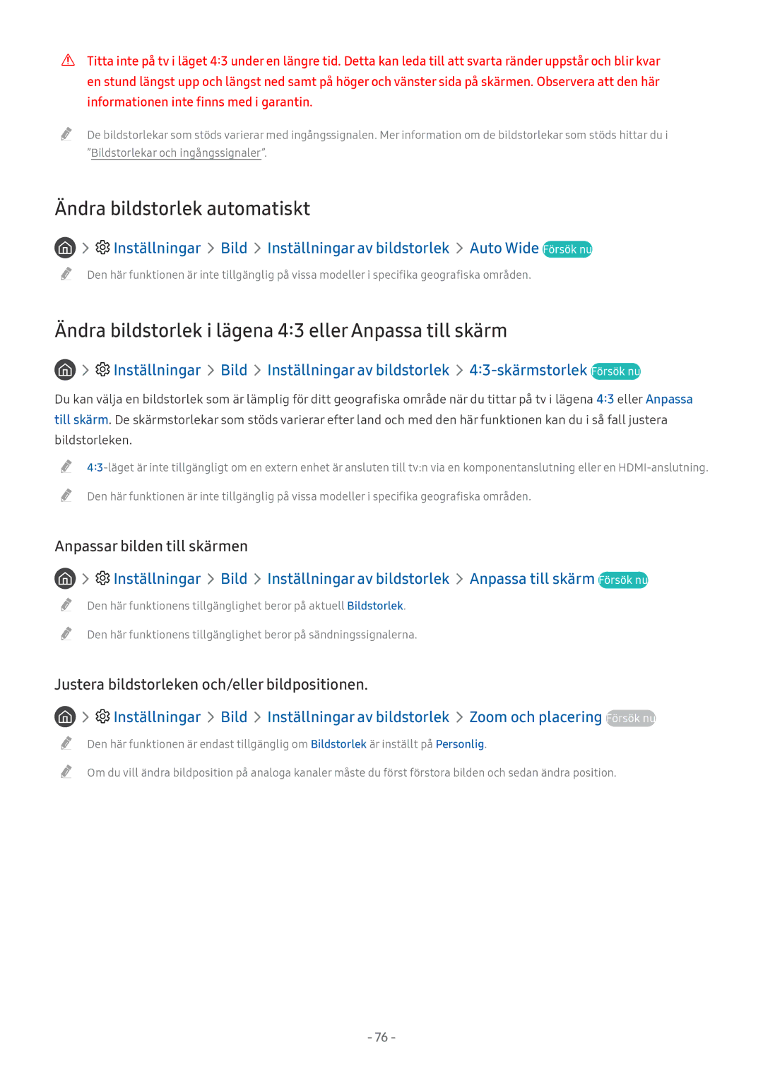 Samsung UE55MU6195UXXC manual Ändra bildstorlek automatiskt, Ändra bildstorlek i lägena 43 eller Anpassa till skärm 