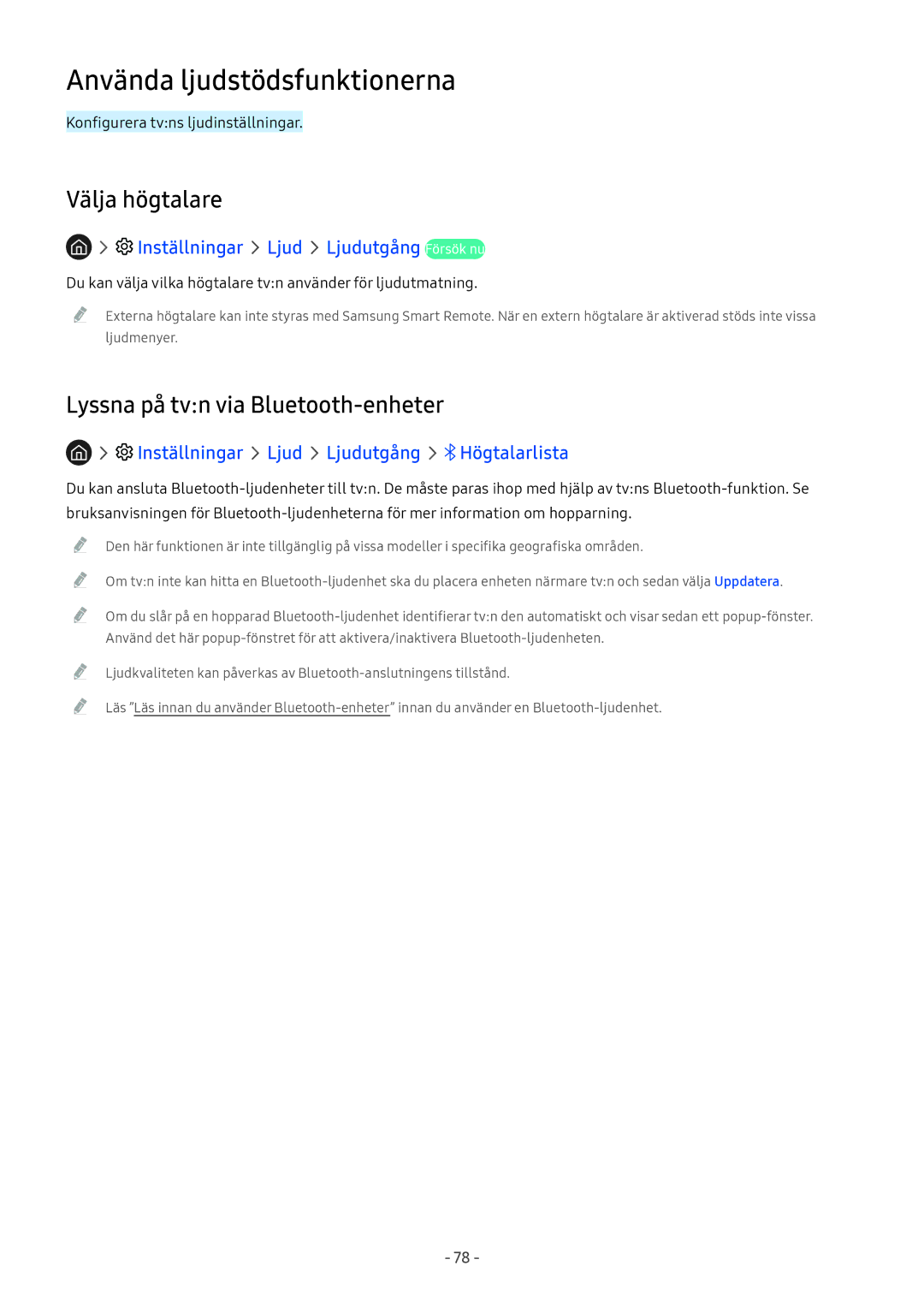 Samsung UE55MU6475UXXC, UE40MU6455UXXC Använda ljudstödsfunktionerna, Välja högtalare, Lyssna på tvn via Bluetooth-enheter 