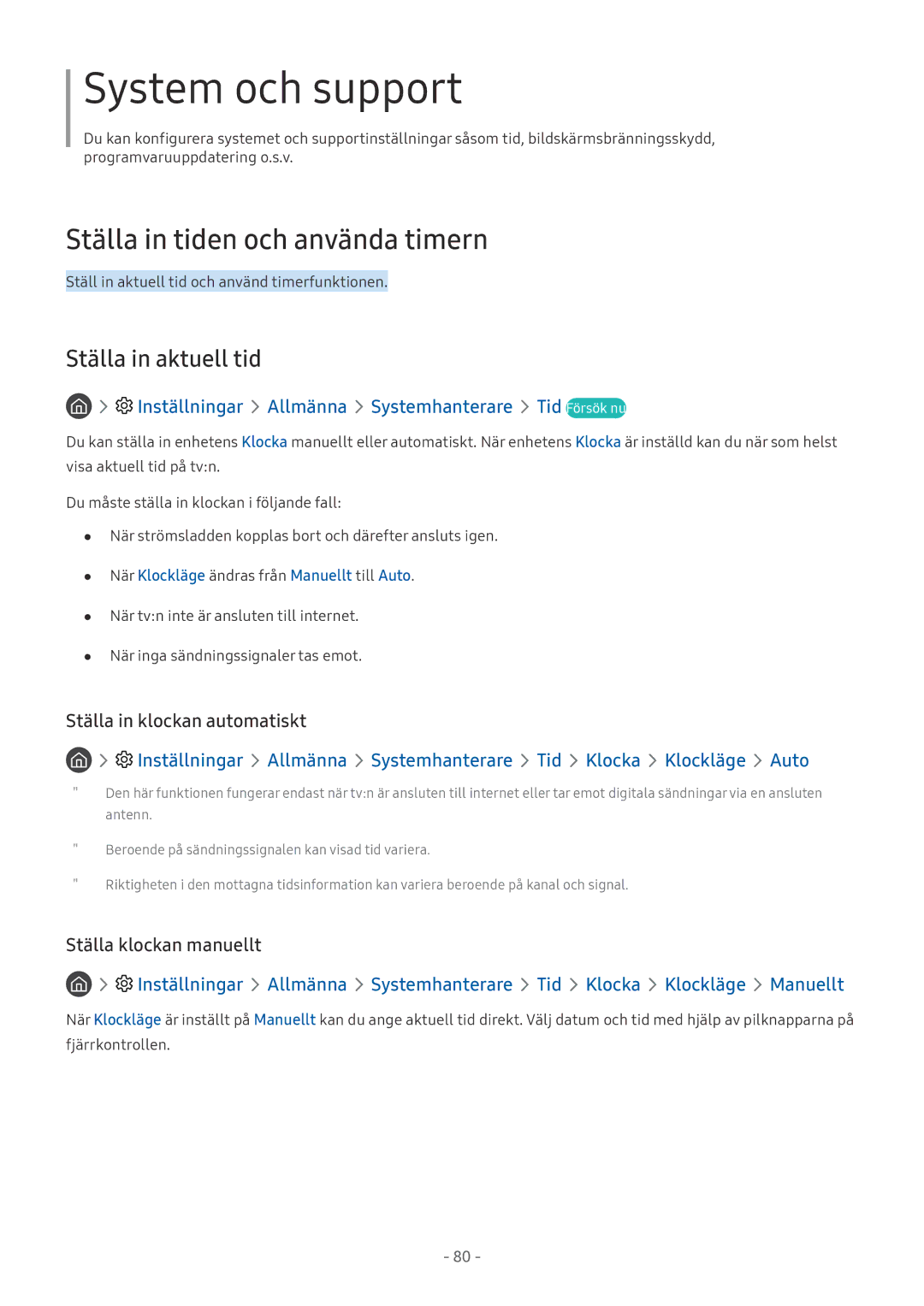 Samsung UE40MU6195UXXC manual Ställa in tiden och använda timern, Ställa in aktuell tid, Ställa in klockan automatiskt 