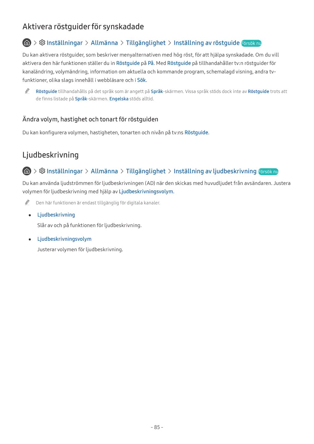 Samsung UE43MU6195UXXC, UE40MU6455UXXC, QE75Q7FAMTXXC manual Aktivera röstguider för synskadade, Ljudbeskrivningsvolym 
