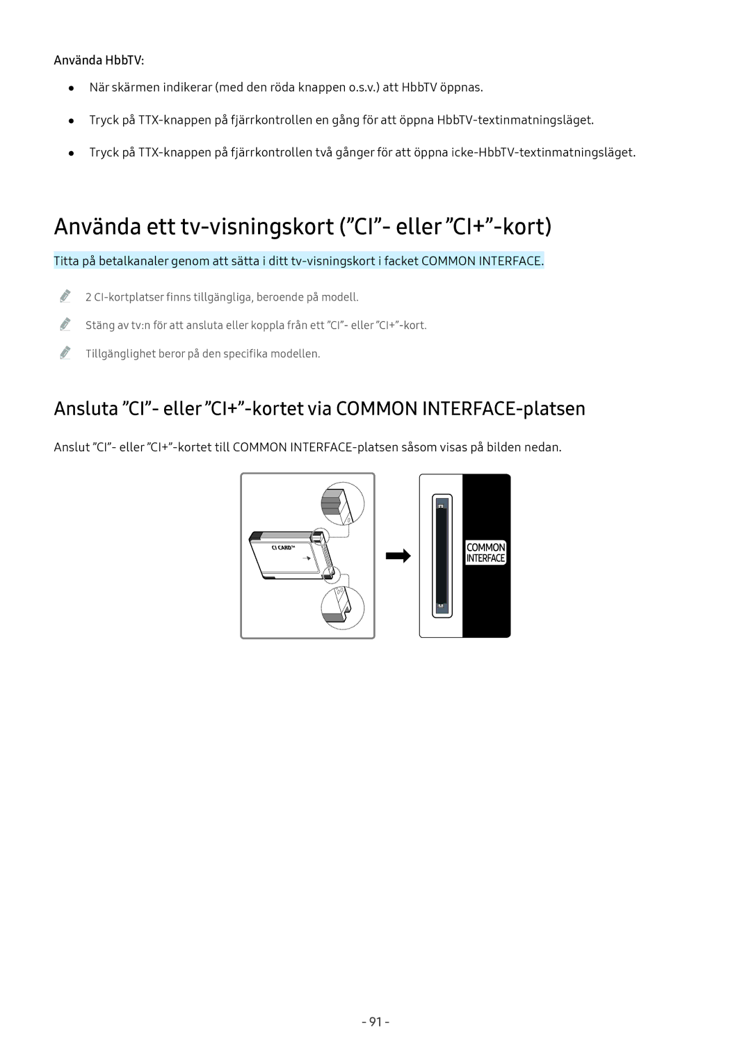 Samsung QE65Q8CAMTXXC, UE40MU6455UXXC, QE75Q7FAMTXXC, QE55Q8CAMTXXC manual Använda ett tv-visningskort CI- eller CI+-kort 