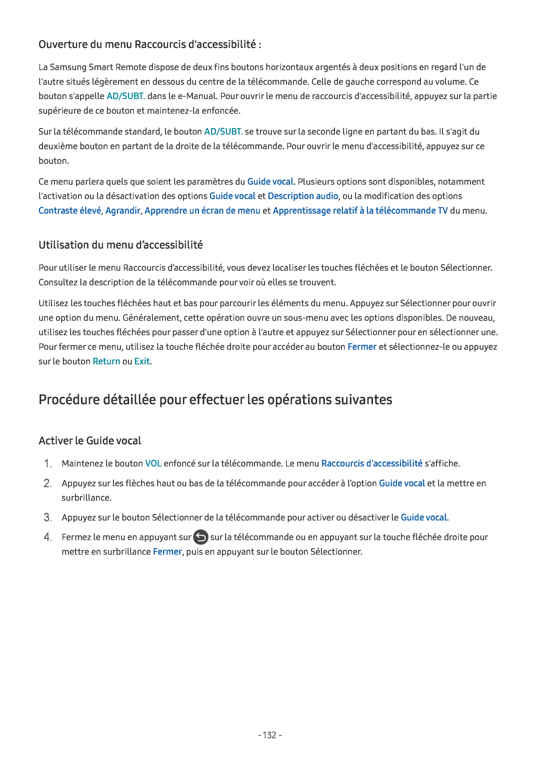 Samsung UE32LS001FUXZF Procédure détaillée pour effectuer les opérations suivantes, Utilisation du menu d’accessibilité 