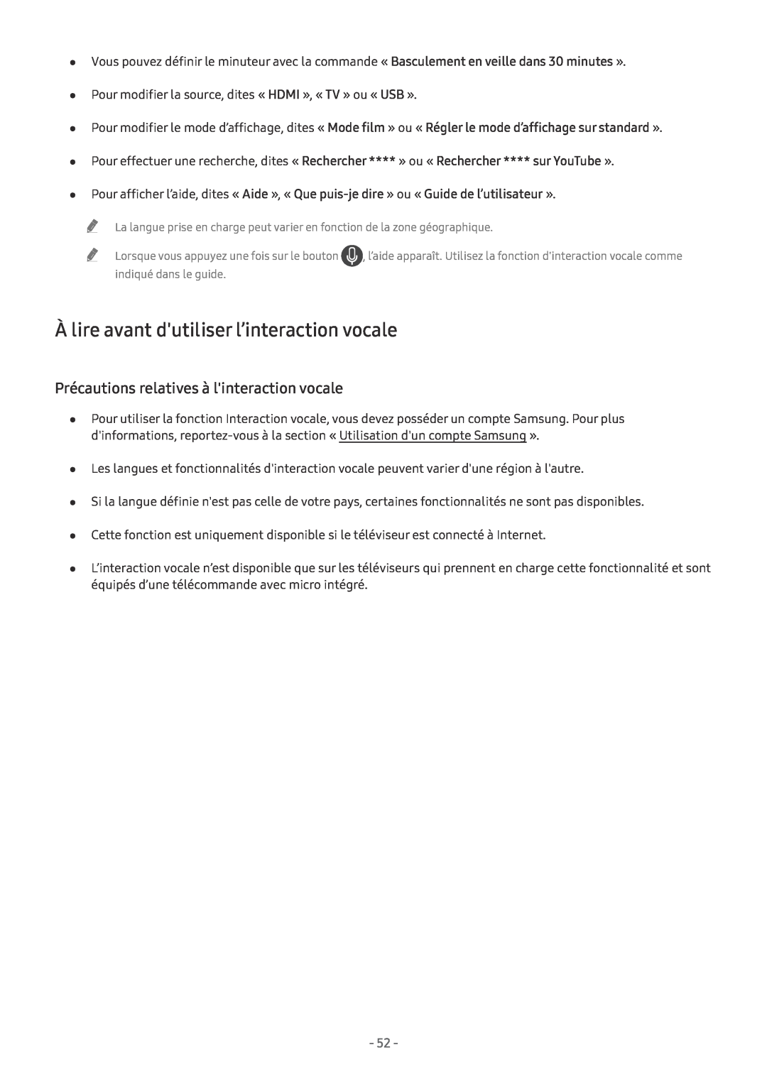 Samsung UE65MU6175UXXC manual À lire avant dutiliser l’interaction vocale, Précautions relatives à linteraction vocale 