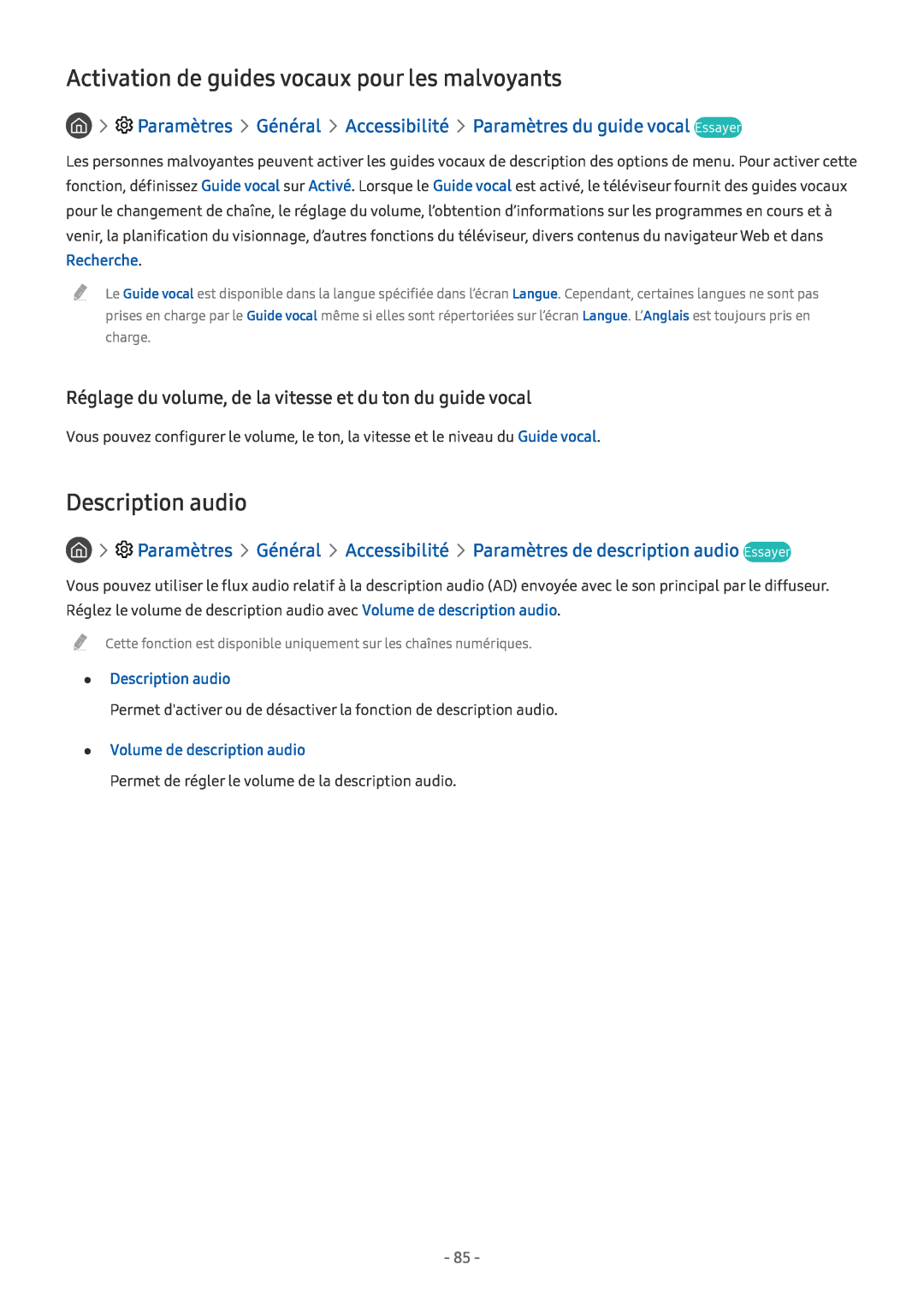 Samsung UE49MU6645UXXC Activation de guides vocaux pour les malvoyants, Description audio, Volume de description audio 