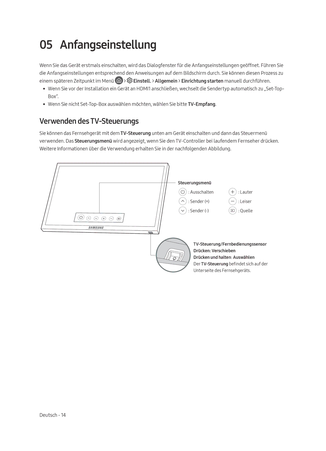 Samsung UE49MU6445UXXC, UE40MU6455UXXC, UE49MU6455UXXC, UE49MU6475UXXC manual Anfangseinstellung, Verwenden des TV-Steuerungs 